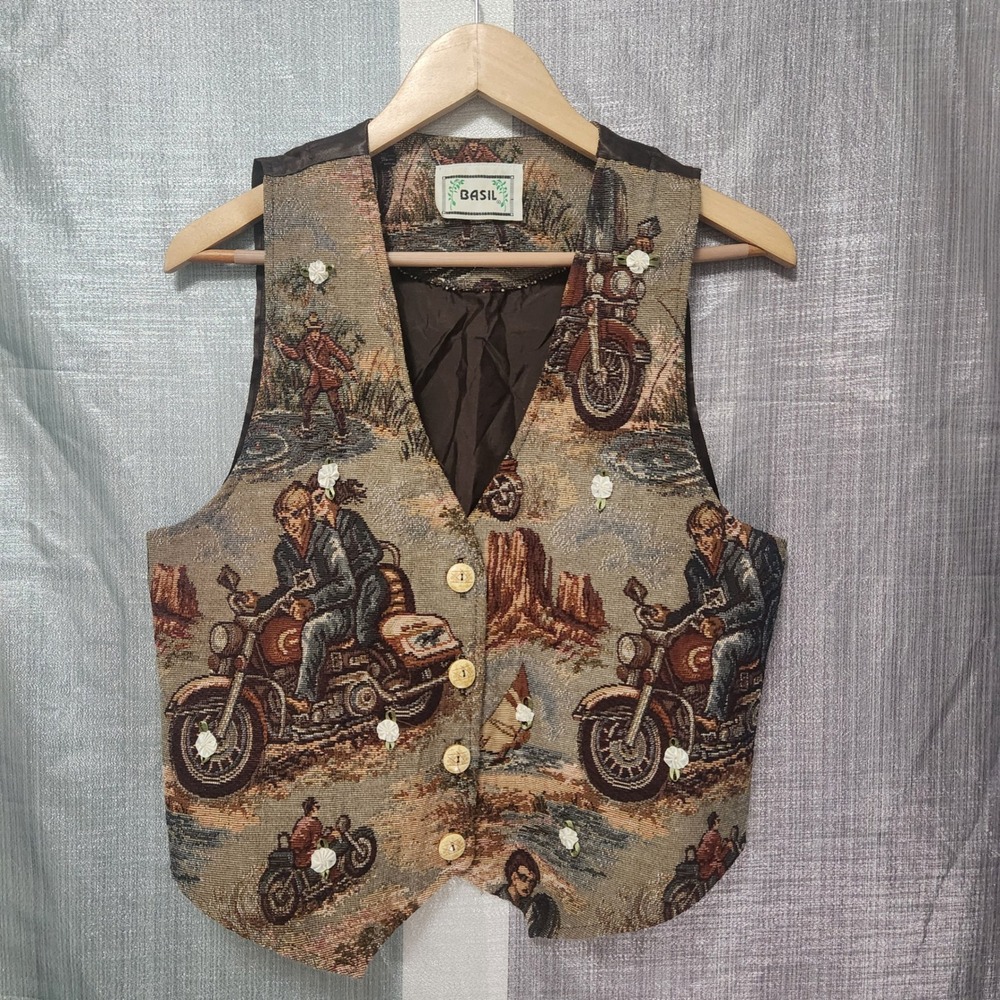 Basil Vintage Motorcycle Tapestry Vest Woven Desert Scene Moto Biker Americana